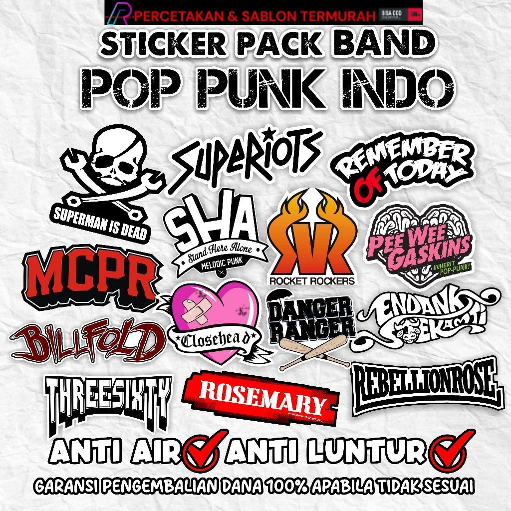 REDSTOREMERCH STIKER BAND POP PUNK INDIE 14PCS Tahan Air Sudah Terpotong Sesuai Pola | Sticker Pack 