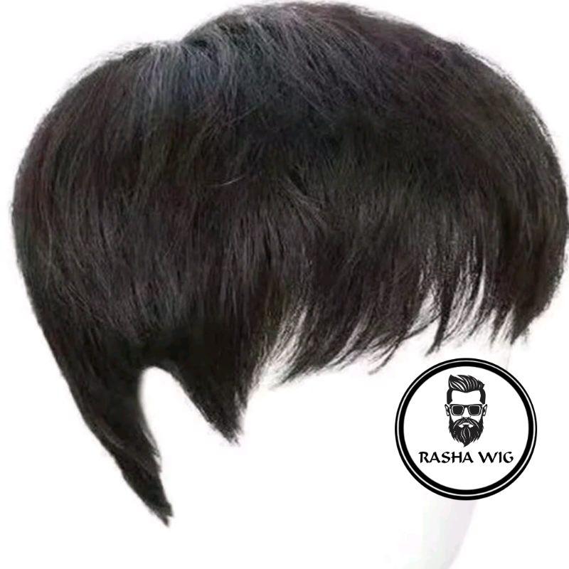 Wig Full Rambut Palsu Model Pria Korea Wig Pria Rambut Palsu Rambut Pendek Warna Hitam Model Cowok K