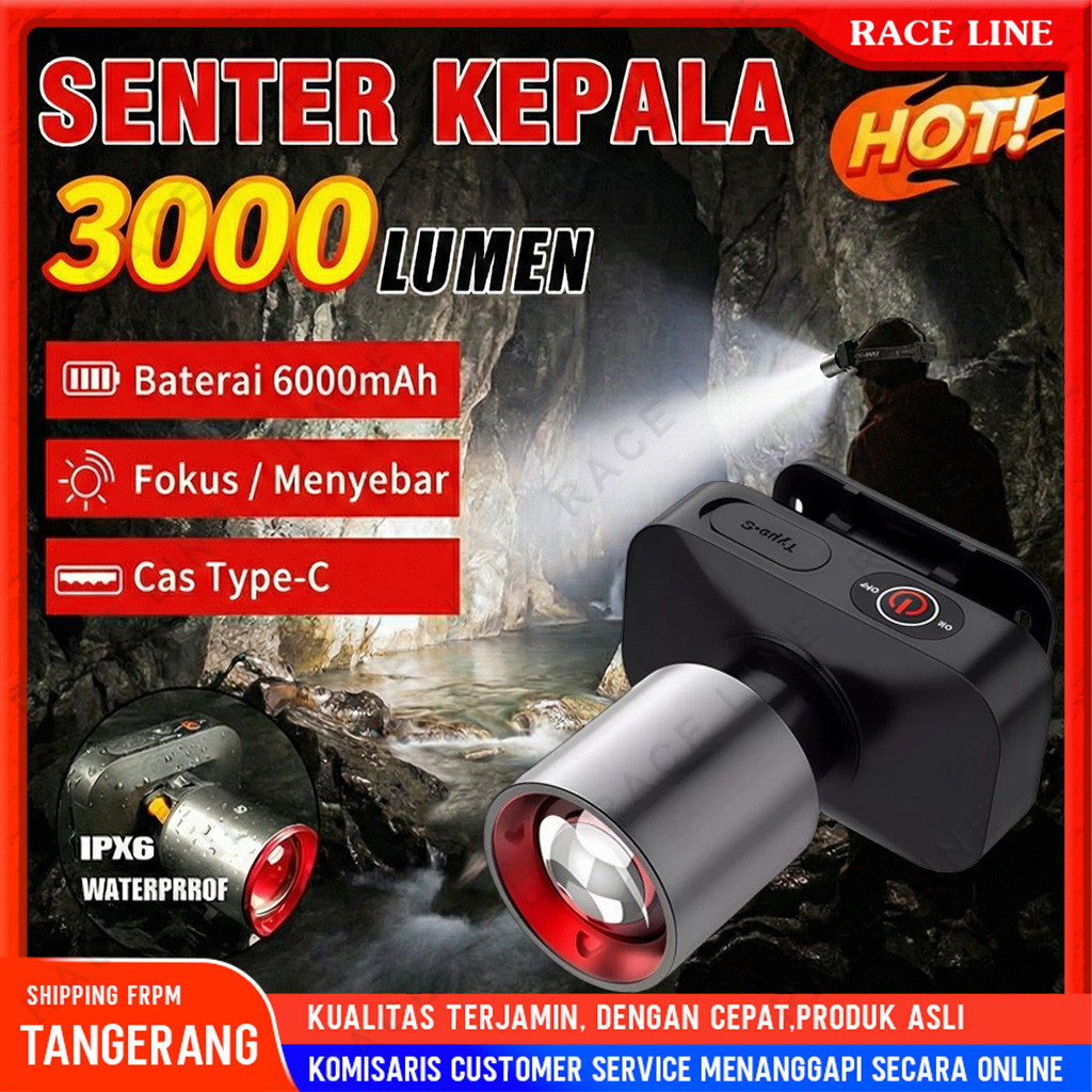 Senter Kepala Super Terang Anti Air Senter Kepala Zoom 3000 Lumen