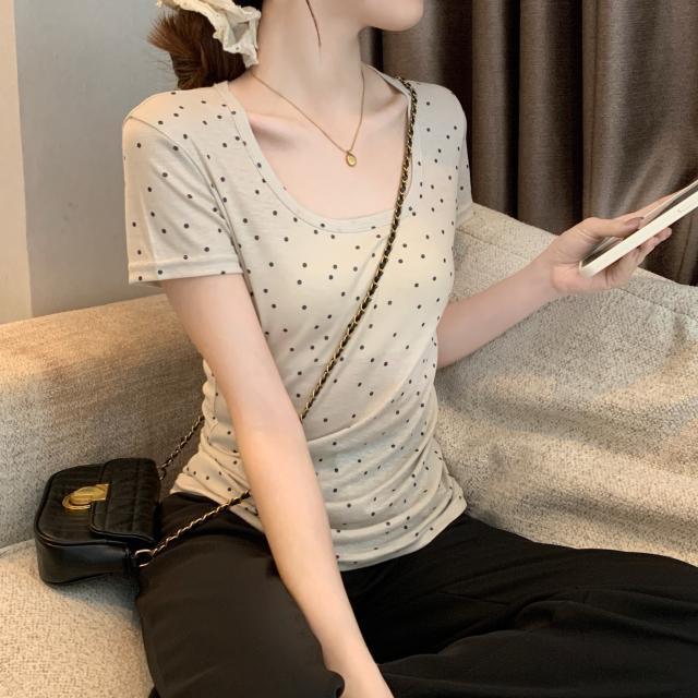 Ukuran besar desain polkadot murni terasa mikro-transparan U-neck T-shirt wanita slim-fitting serbag
