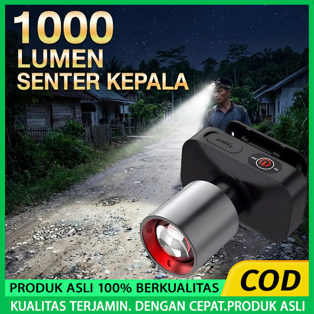 Senter kepala super terang anti air 1000 Lumen senter led super terang lampu senter kepala zoom supe