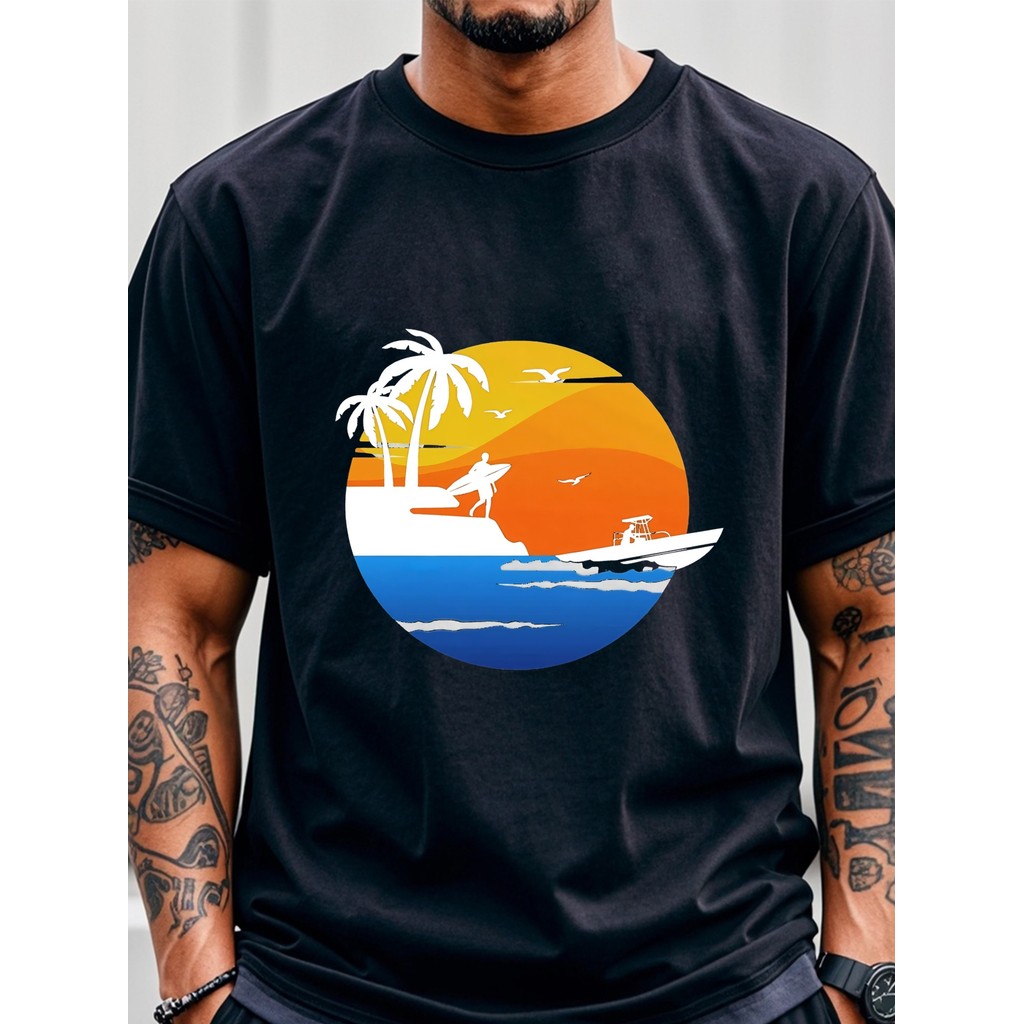 Kaos Pria: Pantai & Pohon - Kaos Hitam Lengan Pendek Katun Keren