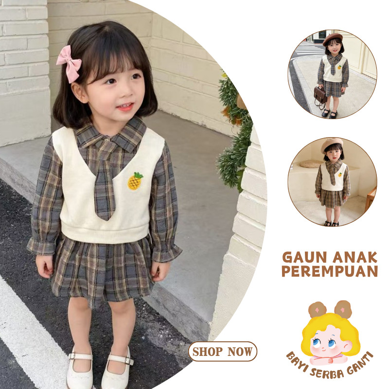 COD Gaun Anak Perempuan Trendy, Desain 2in1, Warna Cokelat/Abu-abu, Cocok untuk Liburan & Sekolah  0
