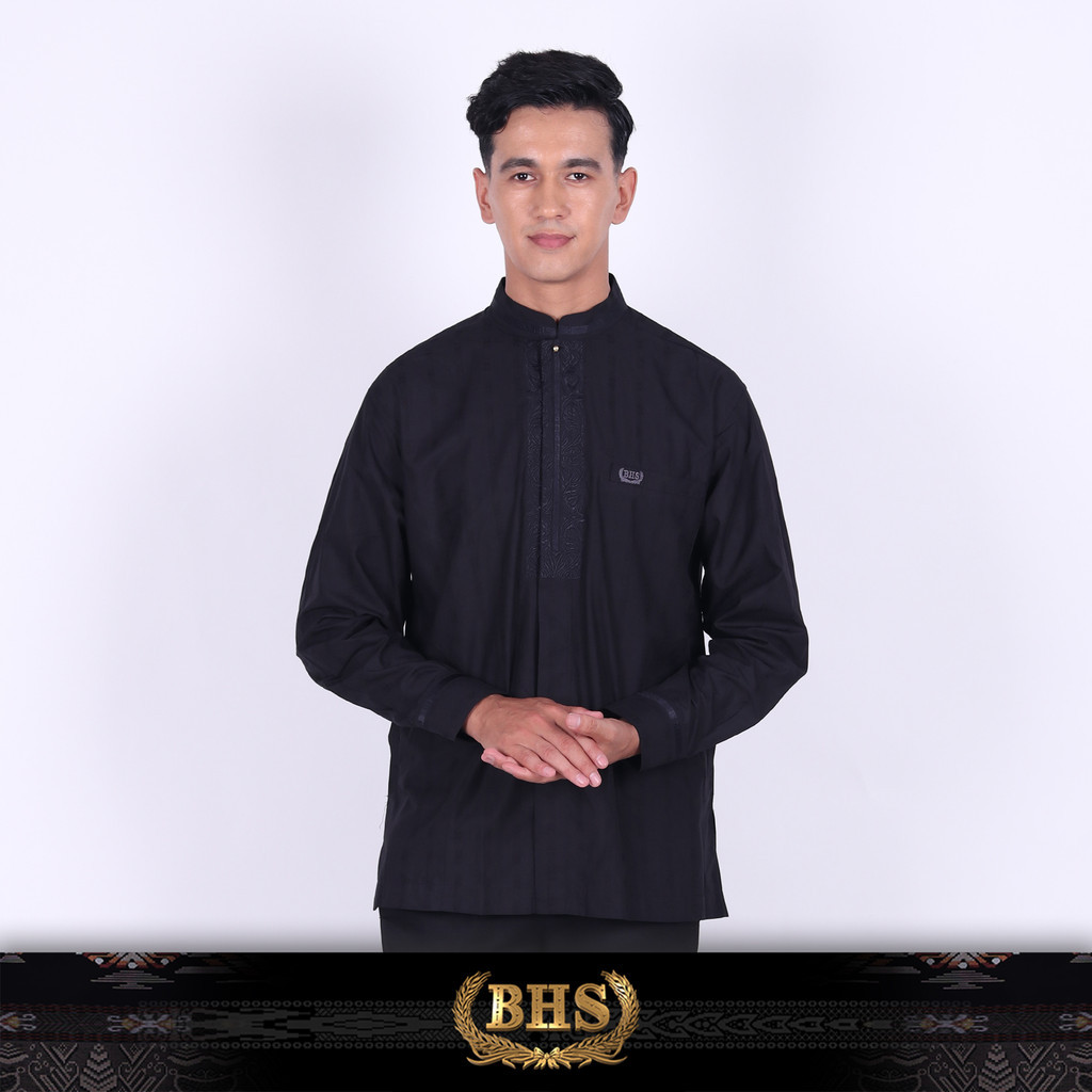 Baju Koko BHS Classic Motif Hamzah Hitam BHS Original Baju Muslim BHS