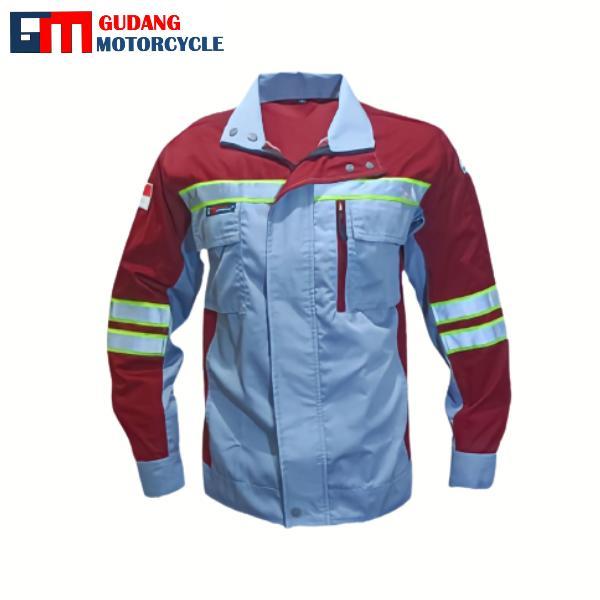 Baju Safety Kerja Lengan Panjang Modis Merah Maroon kombinasi Abu - S