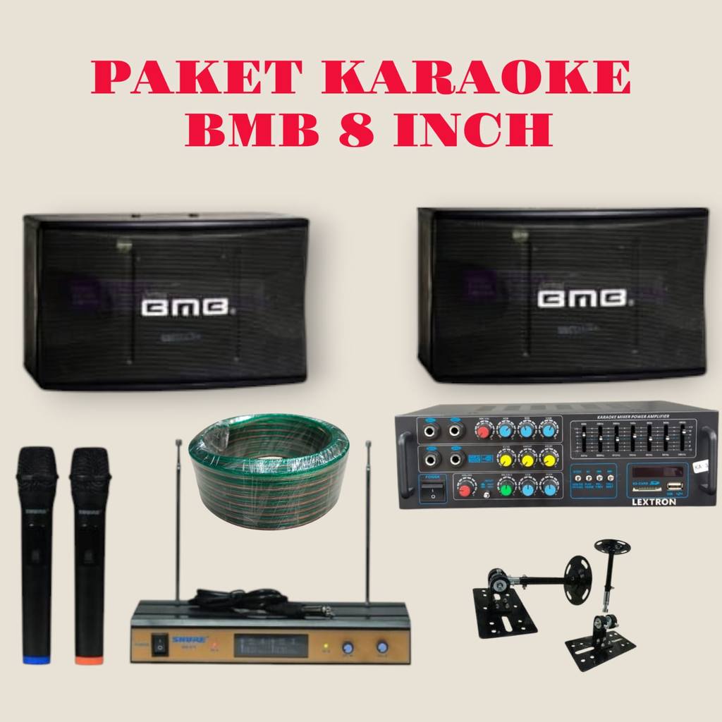 BMB Paket Karaoke 8 Inch dengan Speaker dan Sound System LEXTRON Microphone Wireless dan Kabel