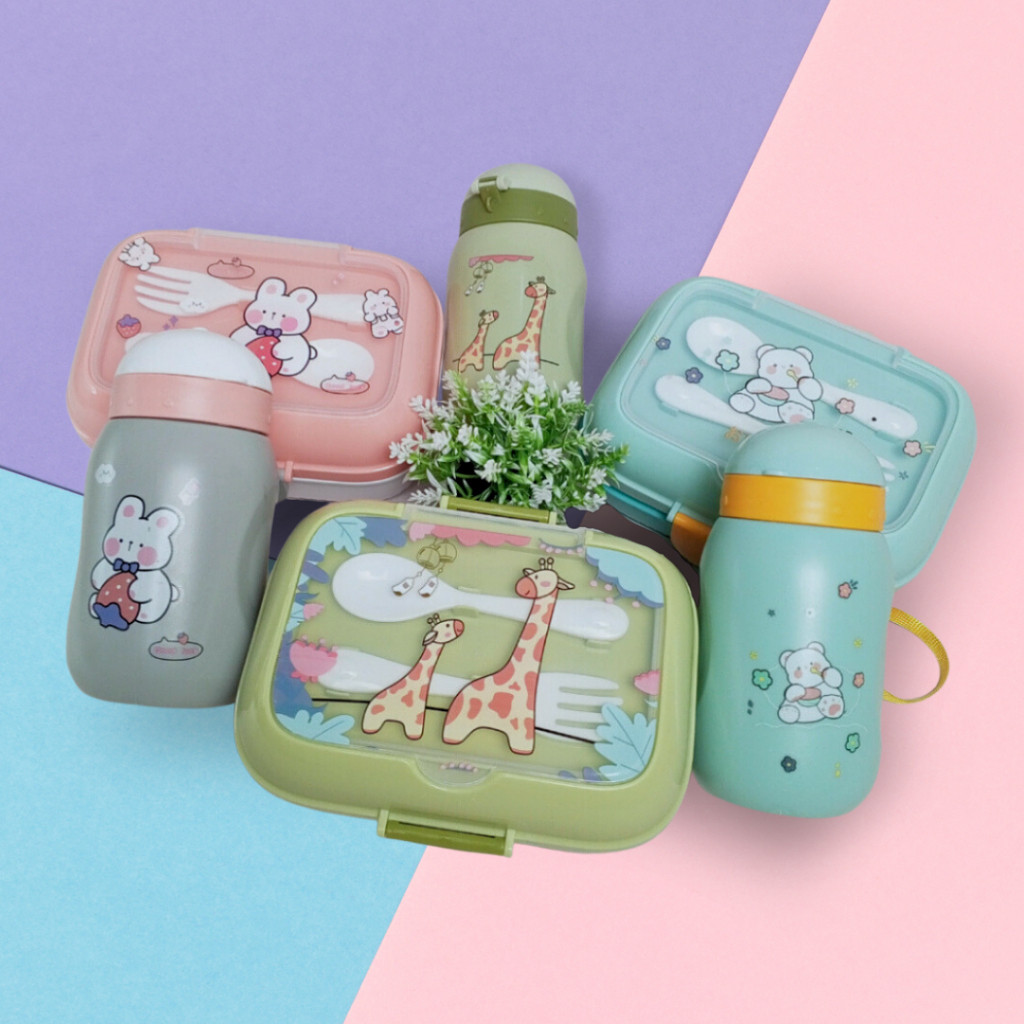 SWN - Set Botol Minum dan Kotak Makan Anak Motif Karakter Lucu BPA