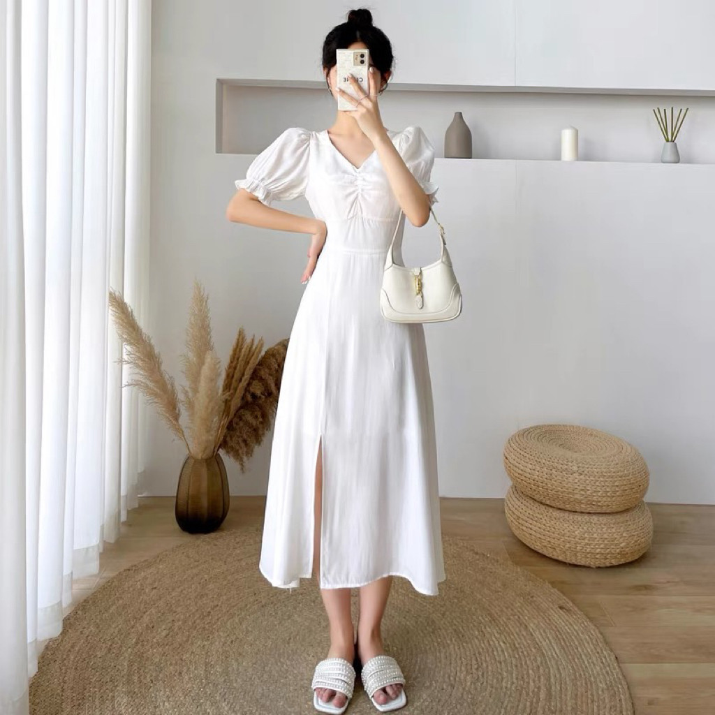 Long Dress Putih Lengan Panjang Korean Style Fairy Dress Kondangan Kekinian Pesta Wanita Casual Sexy