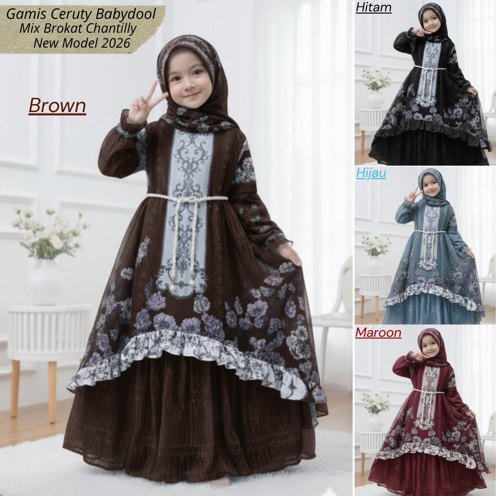 BENA.STORE Gamis Ceruty Babydoll Mix Brokat Chantilly Untuk Anak Perempuan Usia 3-12 Tahun Free Hija