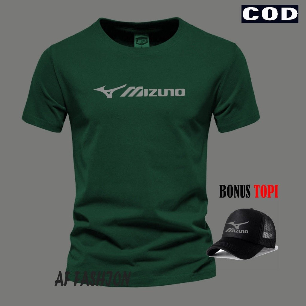 Baru Kaos Katun Pria Bonus topi ... Baju Kaos Distro Logo Mizuno Lurus Text Silver Lengan Pendek Pre