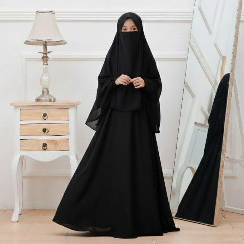 DHOLISHOP.ID Gamis Muslim Anak Perempuan Umur 7 - 15 Tahun Terbaru | Baju Anak Muslim Set Hijab Dan 