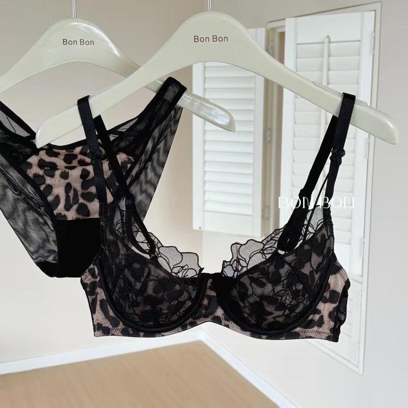 [COD]Set bra lingerie renda motif leopard untuk wanita, cup tipis, berkawat, polos dan seksi.