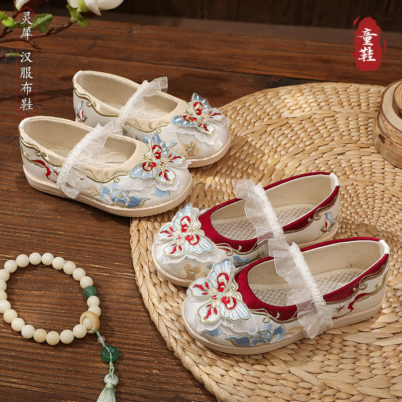 Sepatu bordir untuk anak perempuan, sepatu kulit anak-anak dengan sol kulit sapi.