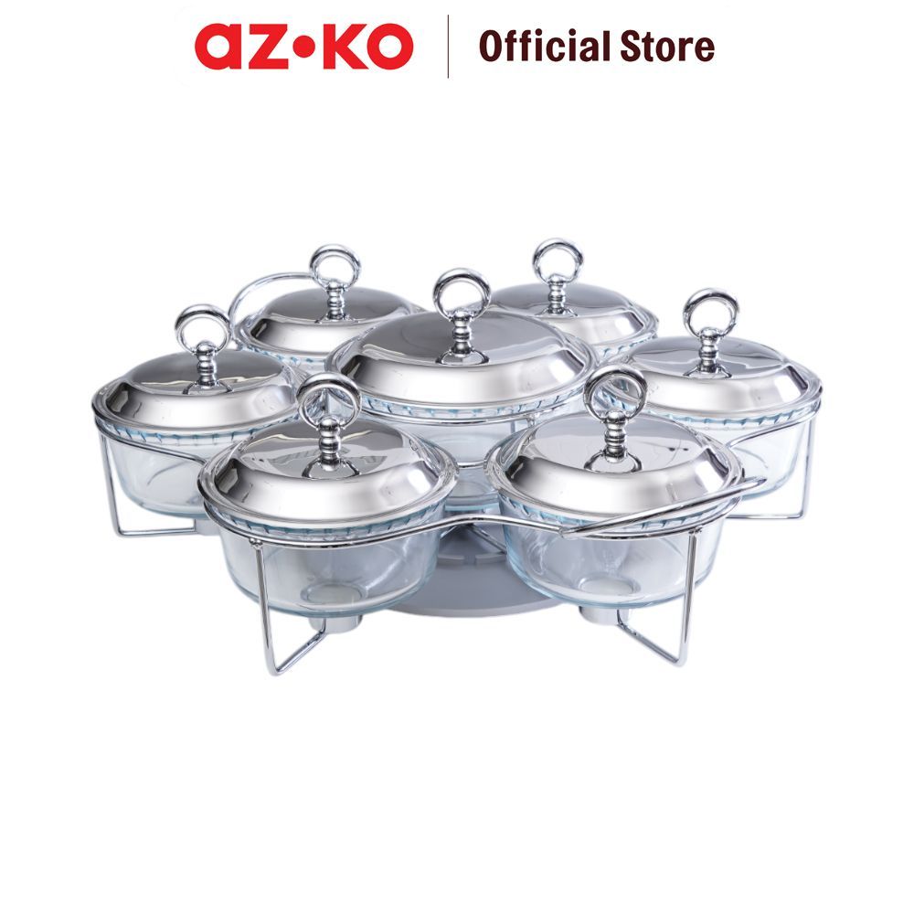 AZKO Culinart Set 7 Pcs Nerinko Penghangat Makanan Putar - Silver Food Warmer Penghangat Saji Chafin