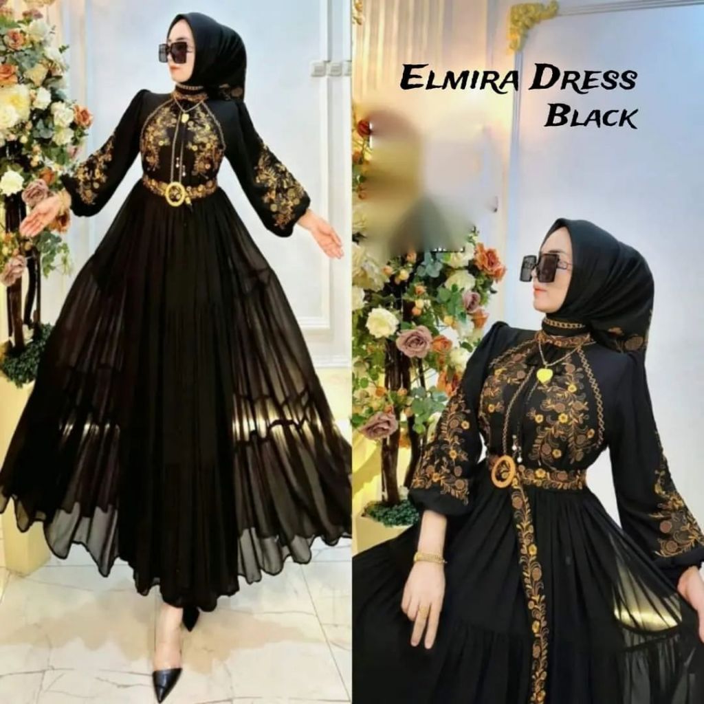 LOWESHOP  ELMIRA DRESS WANITA MUSLIM TERBARU 2024 GAMIS PESTA MEWAH ELEGAN BORDIR SHR BAHAN CERUTY B