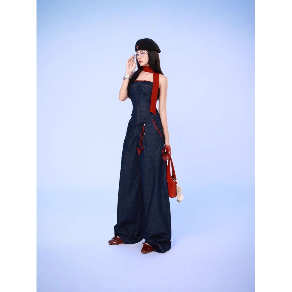 Cute Hot Label Set Rompi Denim Wanita dan Celana Panjang Lebar