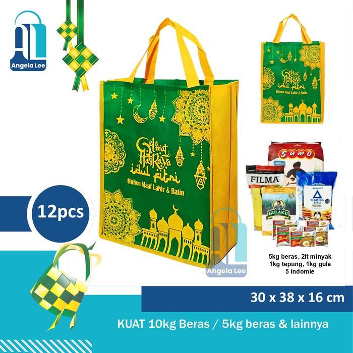 promo 12pcs Tas kain Spunbond Lebaran Paket Idul Fitri Ramadhan Syukuran THR Sembako Jumbo - Hijau t