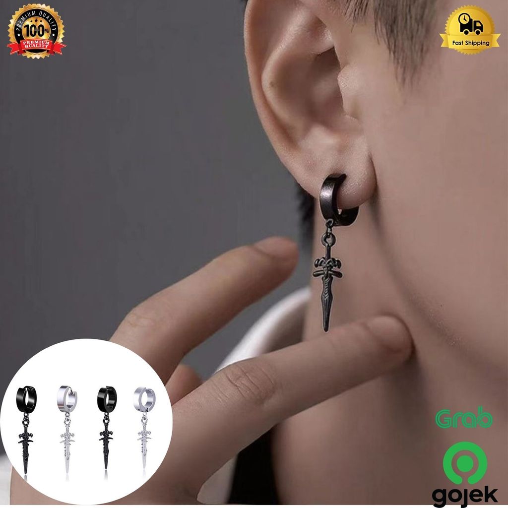 Anting pria jepit magnet pedang/ tindik tusuk korea kpop titanium,/ anting hitam / anting jepit pria