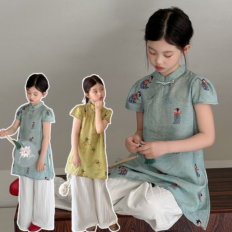 [Kota dongeng] Pakaian Anak Perempuan Gaya Cina Baru Cheongsam Celana Lebar Set Anak-anak