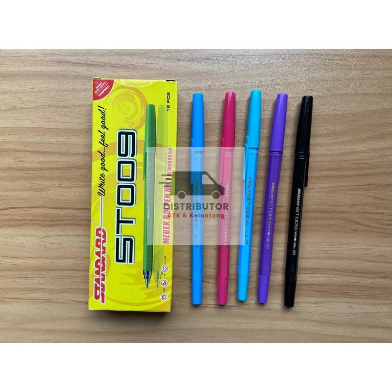 [Isi 12] Pulpen STANDARD ST009 1 Box Body Warna Warni Tinta Hitam