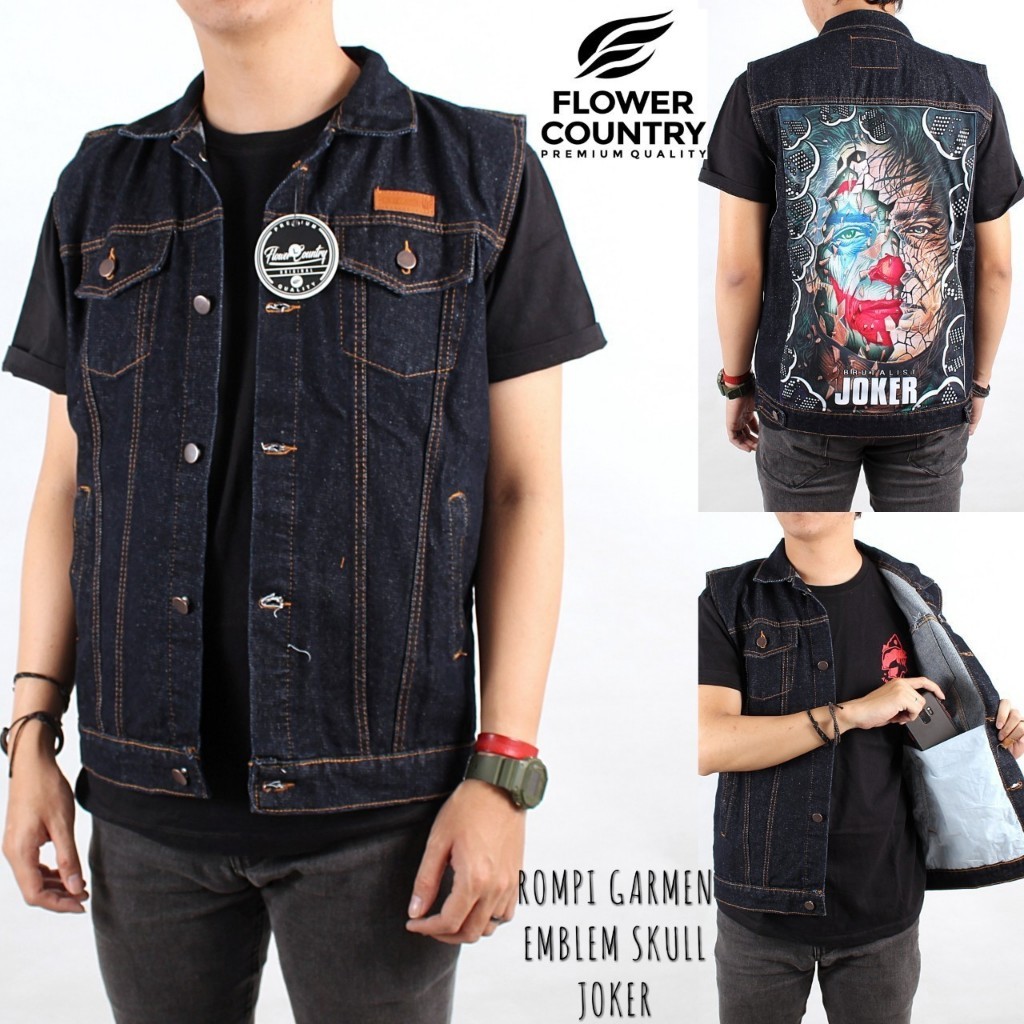 [Diskon Spesial] Rompi Jeans Pria Blue Black Original Flower Country