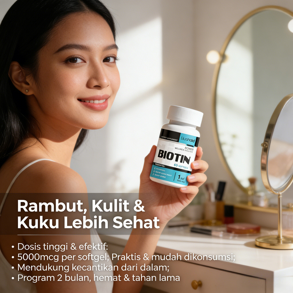 Biotin 5000mcg Softgel - Rambut, Kulit  Kuku Sehat, Energy Boost, 60 Softgel - Bushaid  CO3191
