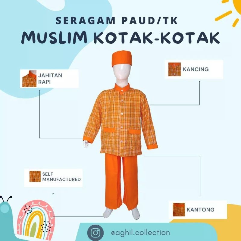 FICIEKUNZEX SERAGAM TK/PAUD MUSLIM KOTAK-KOTAK BAJU TK/PAUD MUSLIM KOTAK-KOTAK OREN