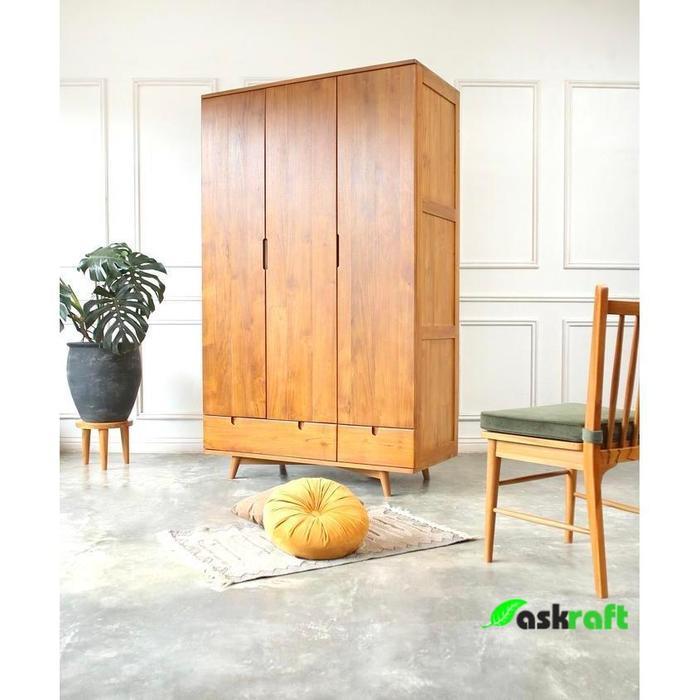 PROMO GASPOLL Askraft Zaya Wardrobe - Lemari Pakaian Kayu Jati 3 Pintu Minimalis Retro