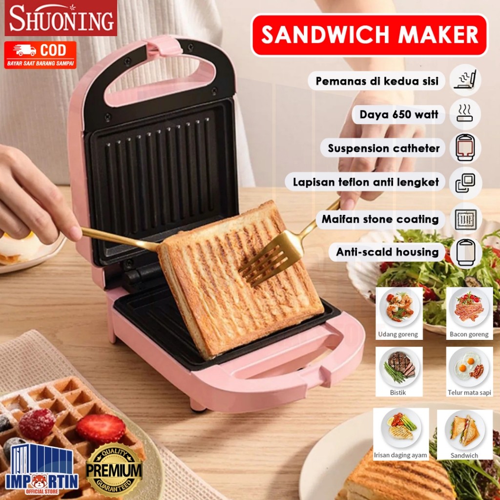 Shuoning Sandwich Maker Pemanggang Roti Toaster Anti Lengket Low Watt Garansi 1 Tahun/ Shuoning Pema