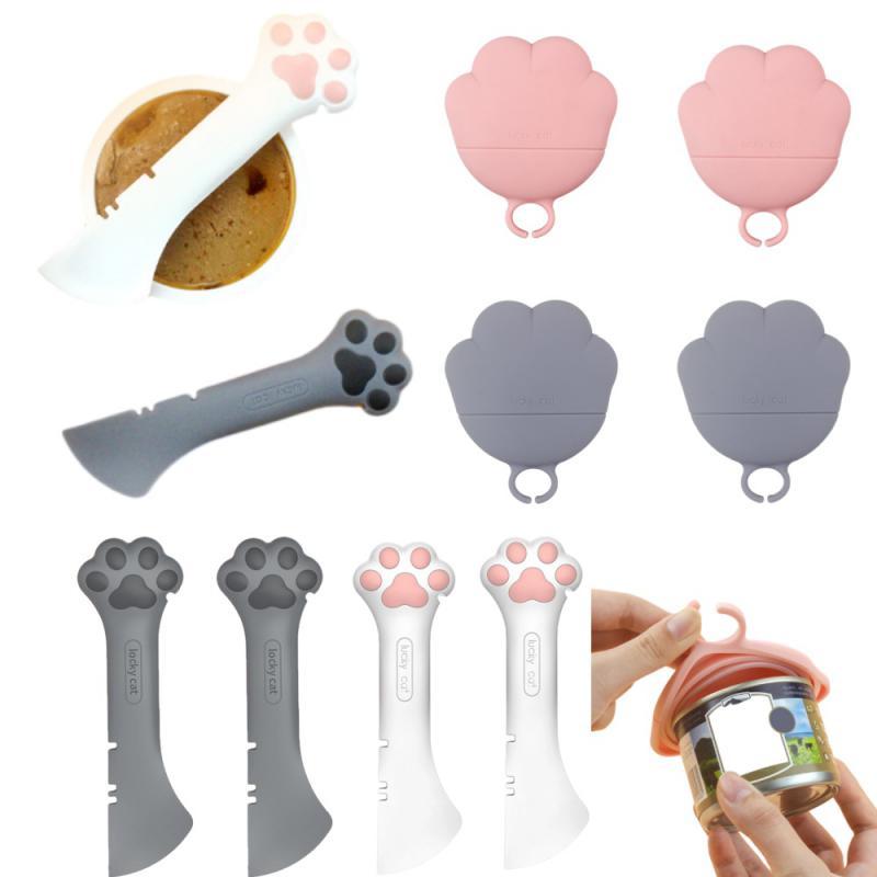 Multifunctional Pet Spoon Can Opener Wet Food Mixing Spoon Silicone Cat Can Sealing Cover Food Stora