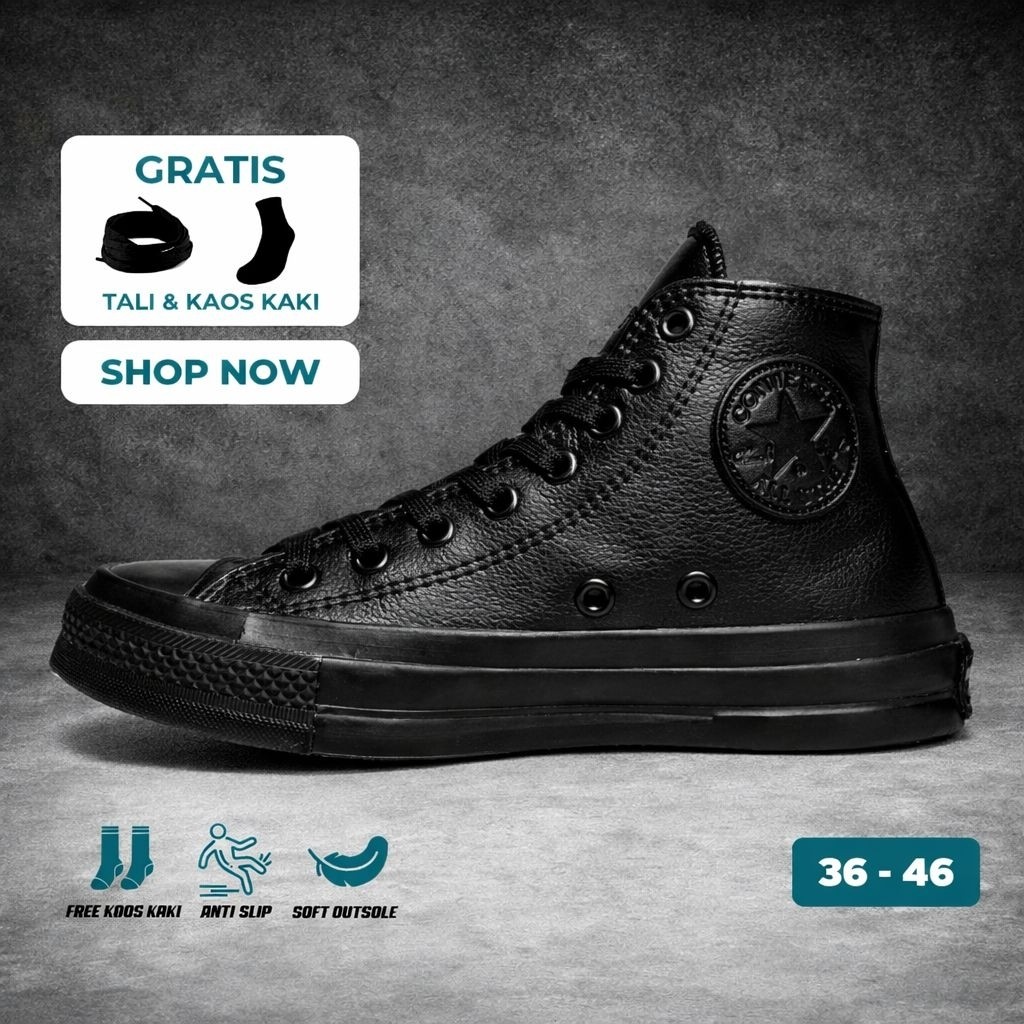 Sepatu Sneakers Kulit Unisex Converse High Leather - Sneakers Casual High Pria & Wanita Size 36-46