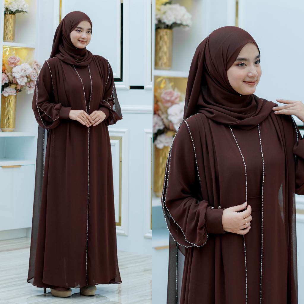 Mecca Abaya Ceruty Babydoll Set Hijab Pashmina Dan Cadar Full Payet Mewah Elegan Gamis Wanita Dewasa