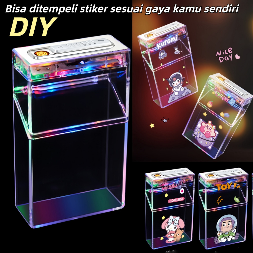 Kotak Rokok LED Transparan dengan Korek Api Elektrik USB Rechargeable  Tungsten Windproof  Tahan Air