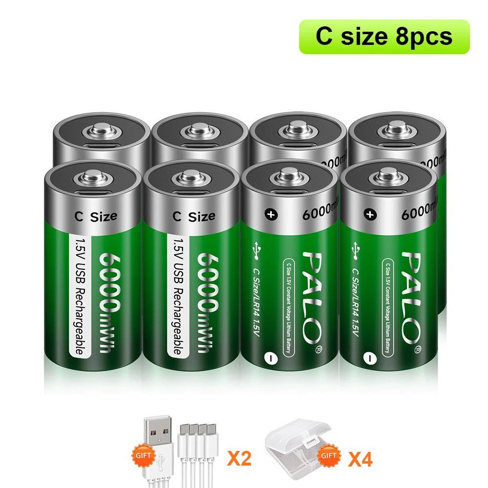 PALO 1.5V C Size Rechargeable Battery USB C Cell 6000mWh Lithium LR14 Battery Type C Batteries For R