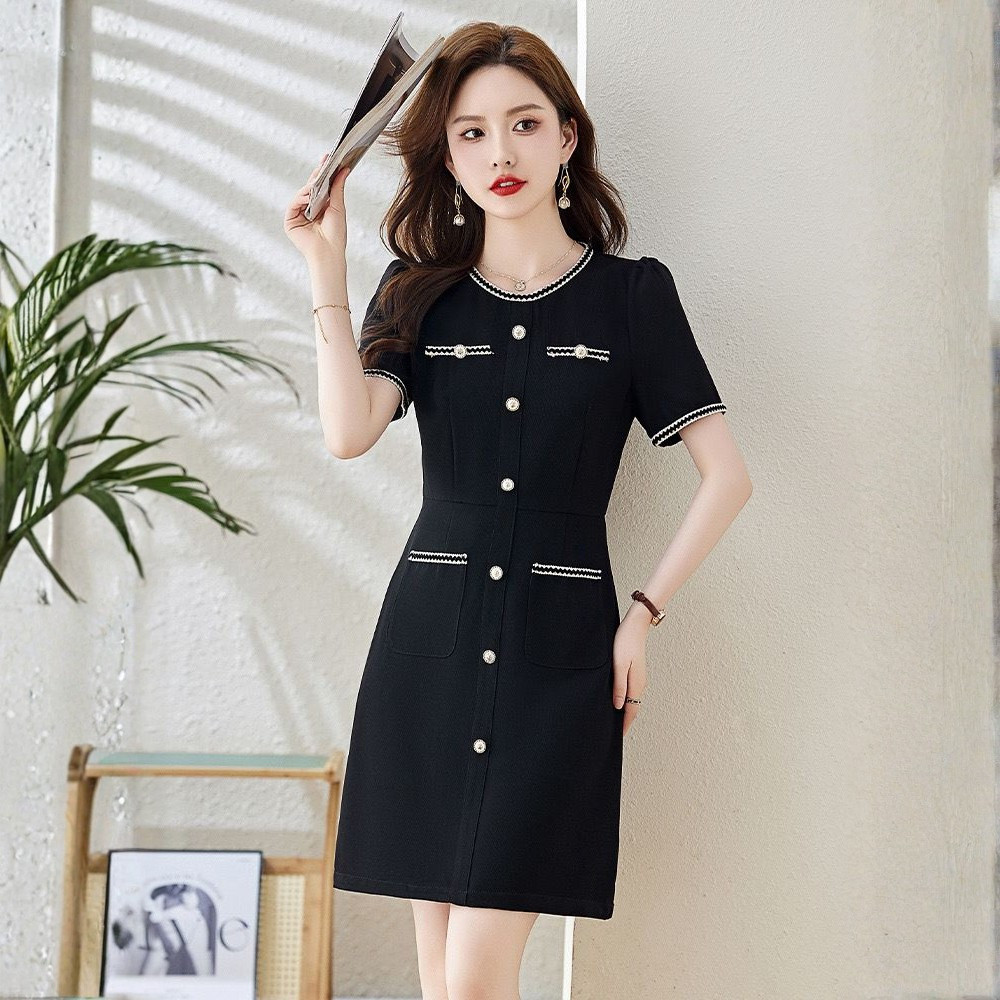NAYOU - Seorin Classy Dress Gaun Wanita Korea Hitam Elegan Midi Lengan Pendek Kancing Depan Slim Fit
