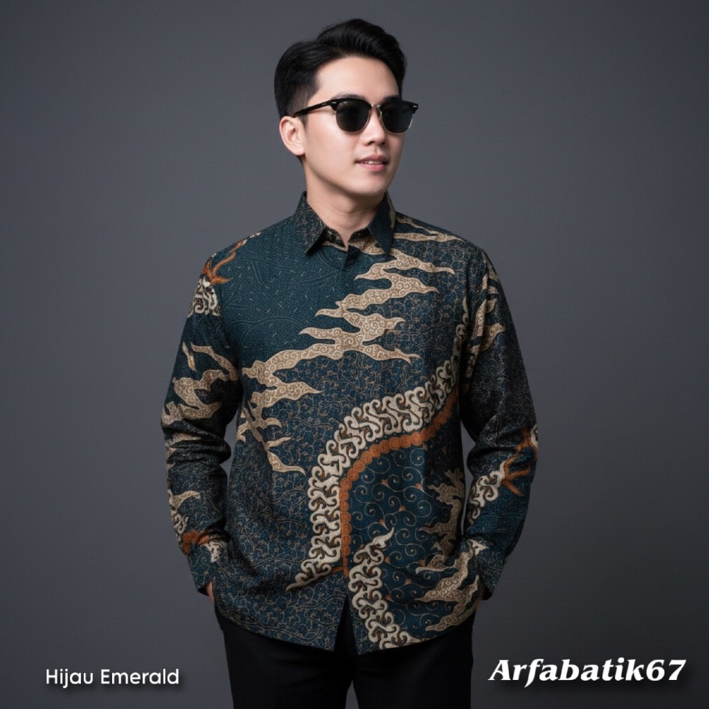 GADINGKU_  CAKRA HIJAU EMERALD Kemeja batik pria lengan panjang katun prima premium lapis furing her