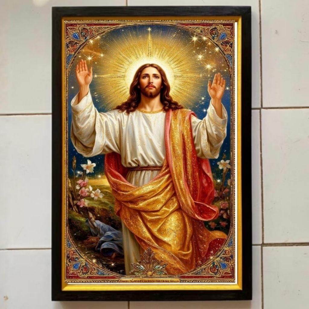 Hiasan dinding lukisan Cetak gambar Tuhan Yesus plus bingkai ukuran 65cmx45cm