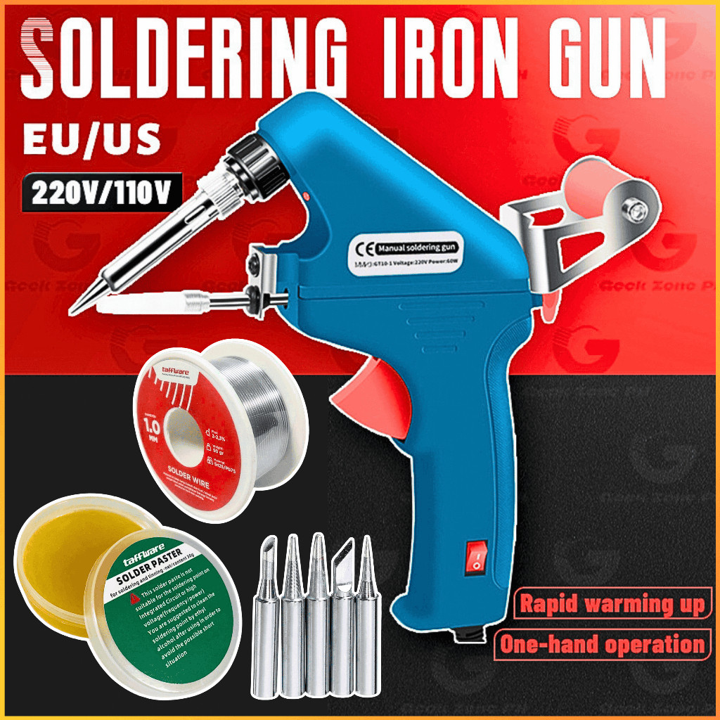 GILISHOP  DeBaiLong Solder Listrik Tembak + Timah + Pasta Solder + 5 Set Mata Tin Gun Heat 220V 60W 