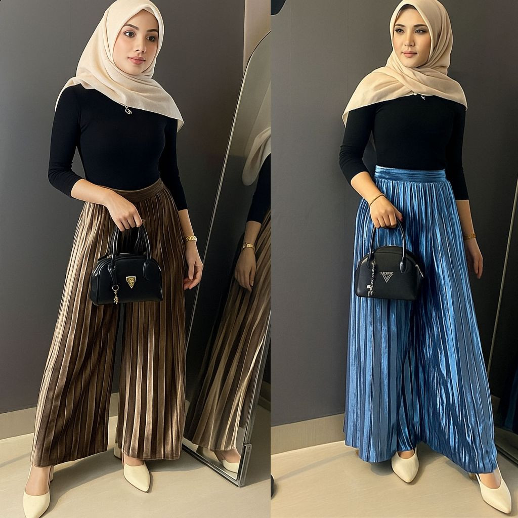 Celana Kulot Plisket Wanita Bludru Panjang - Kulot Panjang Wanita - Kulot Hitam - Kulot Jumbo