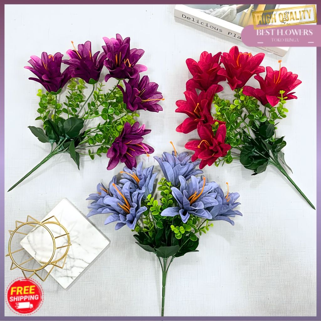 Bunga Lily Kain Cabang 5//Lily Tiger Casablanca/bunga dahlia/Bunga Buket Artificial Murah Import (NK