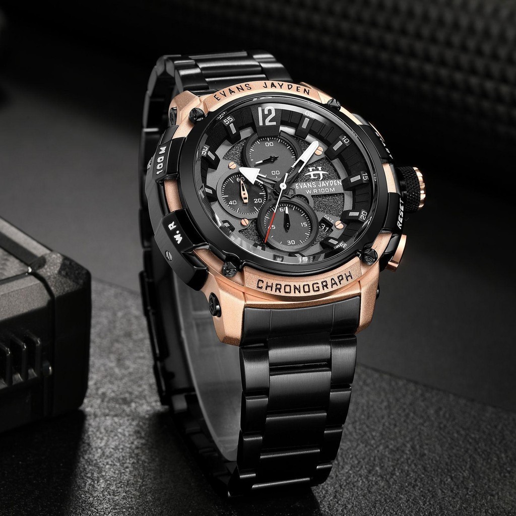Jam Tangan Evans Jayden Jam Tangan Pria 9617 Rantai Stainless Steel Chronograph Kaca Sapphire Water 