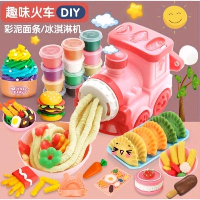Set Mainan Clay Doh Anak Mesin Cetak Kereta Manual Alat Kreasi Plastisin DIY Lengkap Aksesoris Kado 