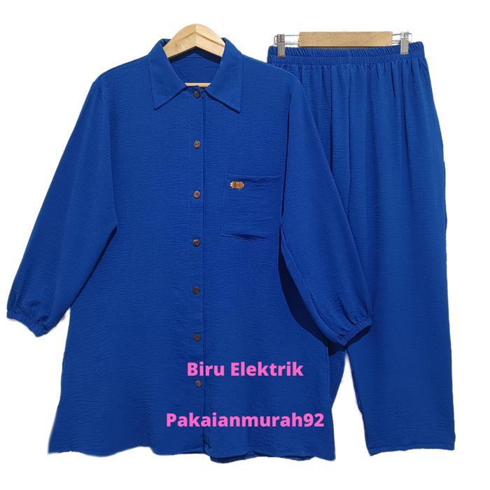Tunik Oneset Bahan Crinkle Premium Lengan Panjang/ Setelan Wanita - Biru Elektrik