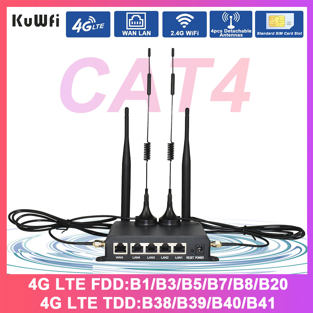 KuWFi CAT4 4G LTE Router 300Mbps 2.4GHz WiFi Router 4x Detaable Antennas 4G Modem with WAN LAN Ether