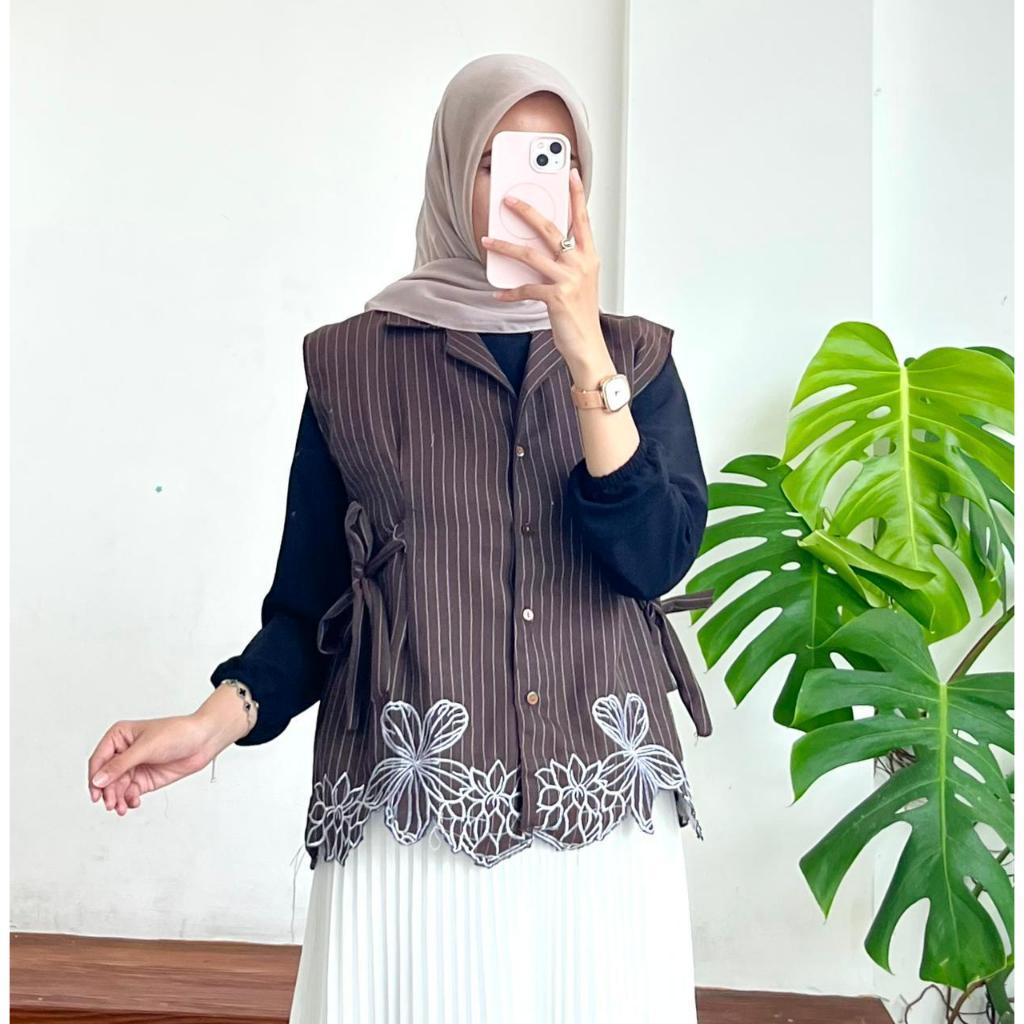 Mariposa Vest Wanita Semiwol Strip x Bordir Tali Pinggang Outer Remaja Dewasa/Terbaru