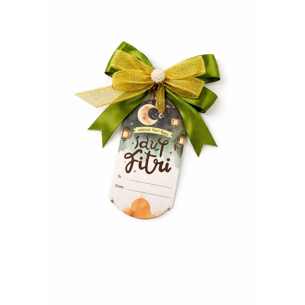 Hang Tag Mutiara pita Ucapan | Pita Motif Idul Fitri Pita Hampers Lebaran Premium Gold Organza + Sat