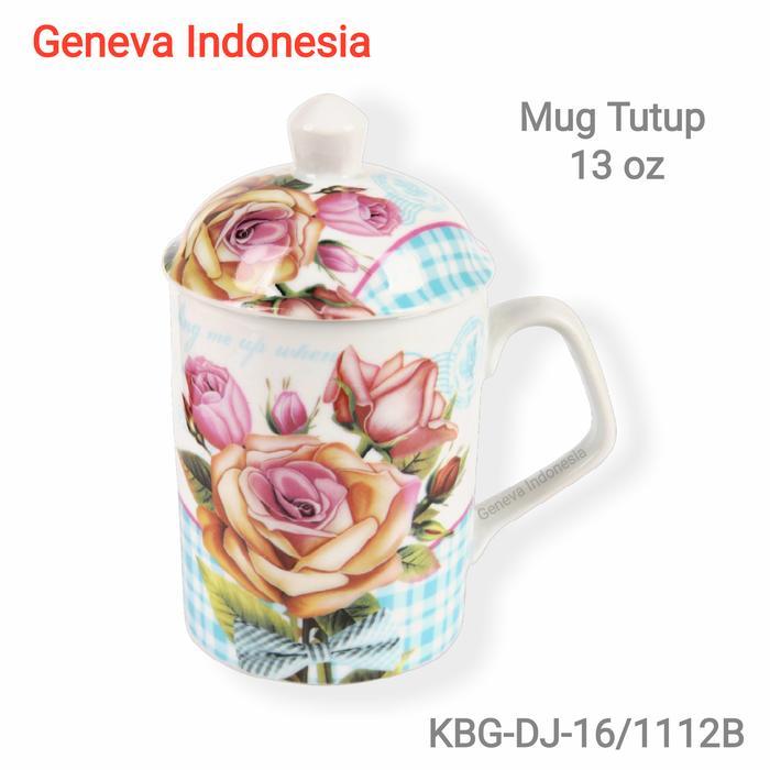 Mug Tutup / Cangkir Tutup / Gelas Tutup 400 ml Keramik Motif Homeline - Biru