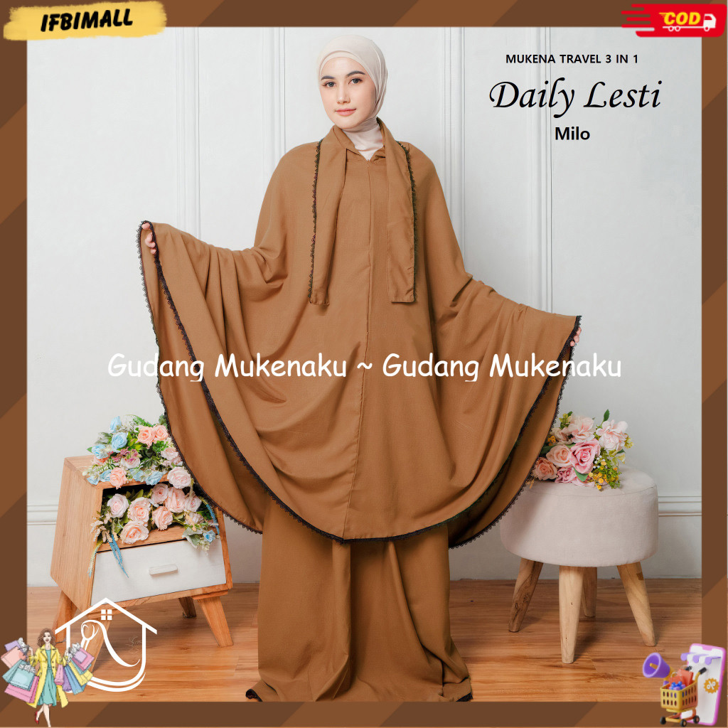MUKENA DEWASA DAILY LESTI TRAVEL 3IN1 BAHAN KATUN RENDA RAJUT FREE TAS PREMIUM