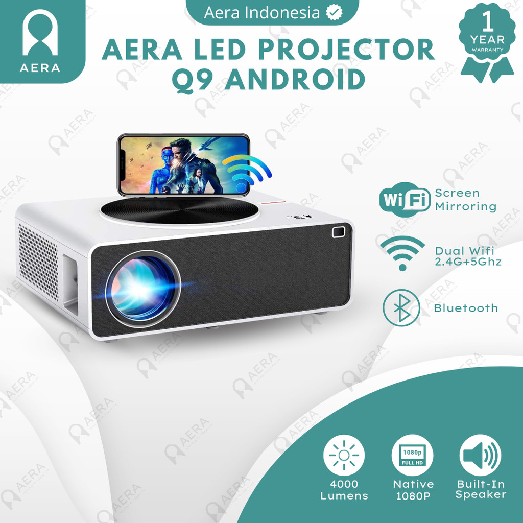 AERA Smart Proyektor Android Q9 4000 Lumens FHD 1080P Proyektor Android Bluetooth Mirroring HP Proye
