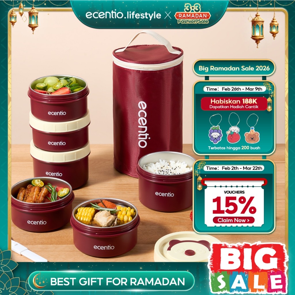 ecentio Tempat Bekal Makanan Tahan Panas Stainless Bekal Makan Set 3pcs Anti Tumpah Lunch Box Set Ra